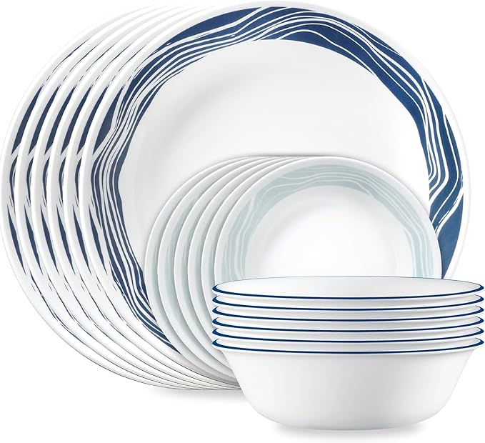 Corelle Vitrelle 18 Piece Glass Dinnerware Sets Service for 6, Triple Layer Chip & Crack Resistant Glass Plate and Bowl Sets, Acadia