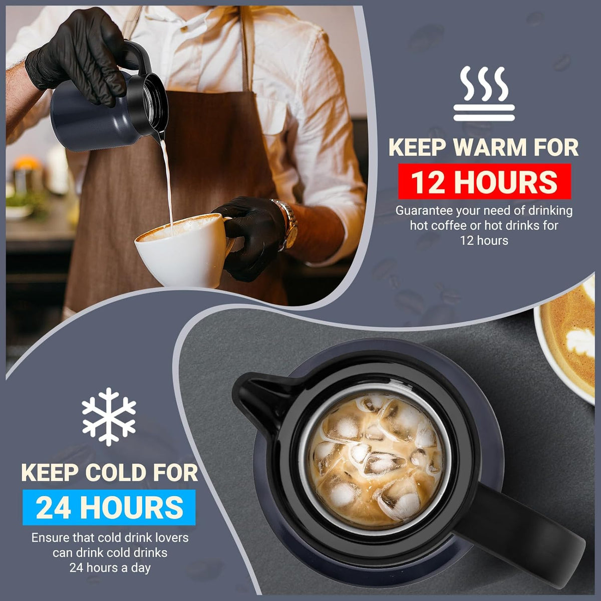 34Oz Thermal Coffee Carafe for Hot/Cold, Stainless Steel Thermos Carafes for Hot Liquids, Dustproof Insulated Hot Water Carafe for Party/Home,Charcoal