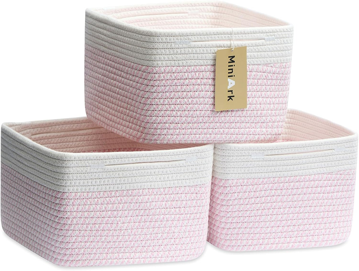 Small Organizing Baskets for Cubes Shelf, 9.7x9.7x7.1 Inch Rope Woven Storage Bins for Nursery Shelves Storage, Cute Toy Basket, Square 3 Packs Off White Pink