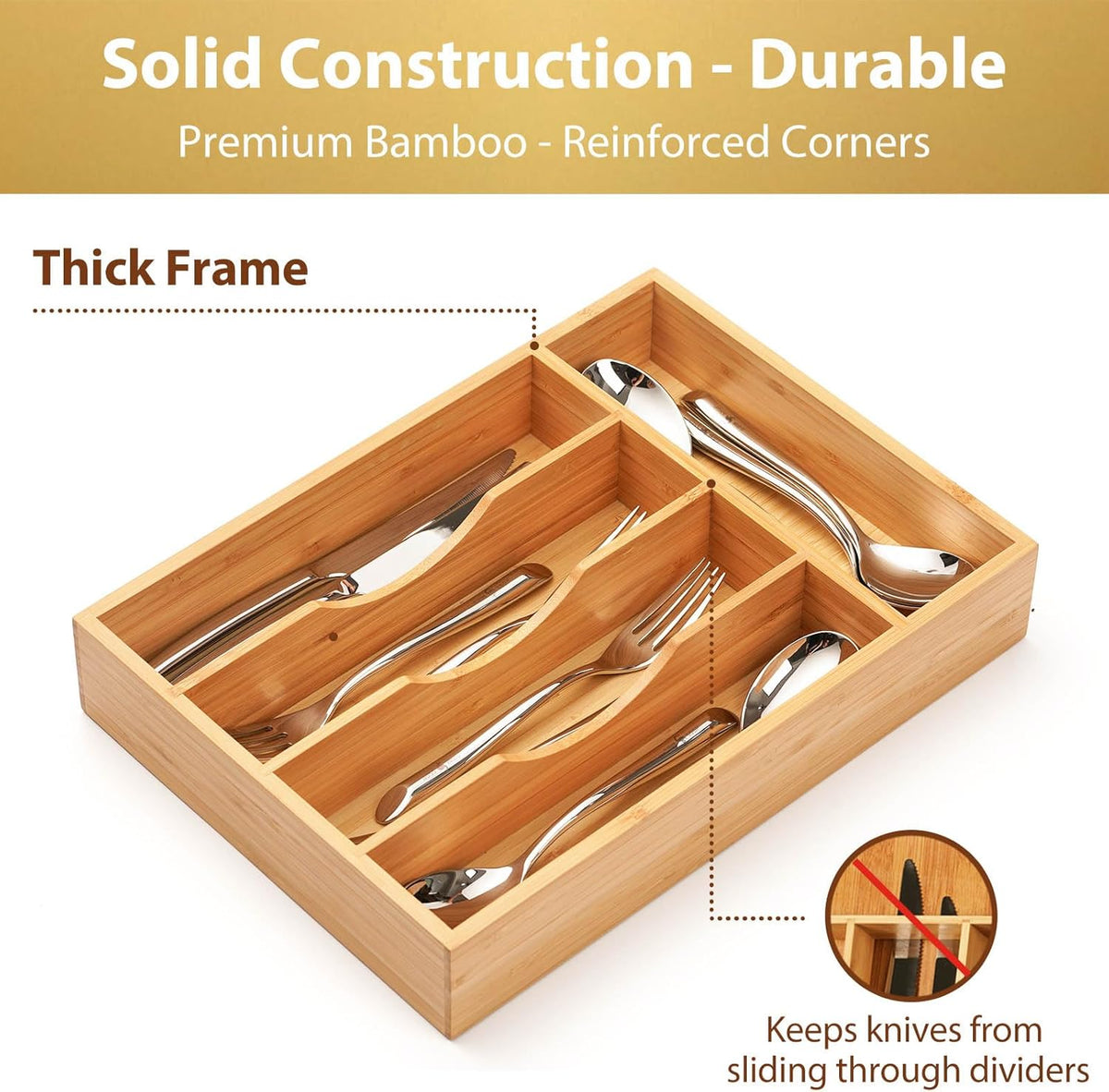Umilife Bamboo Kitchen Drawer Organizer, 11 Inch Silverware Utensils Tray Holder with Grooved Dividers, 2.4" High Wood Caddy for Flatware Cutlery Knives