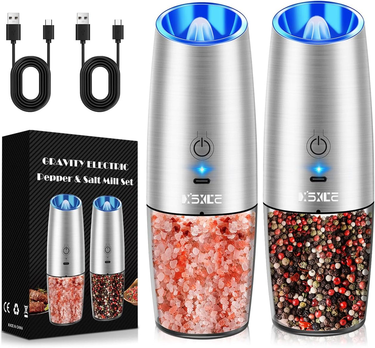 Rechargeable Electric Pepper and Salt Grinder Set, No Battery Needed, whit Gravity Sensing Switch and LED Light, One Hand Automatic Operation, Sliver, 2 Pack