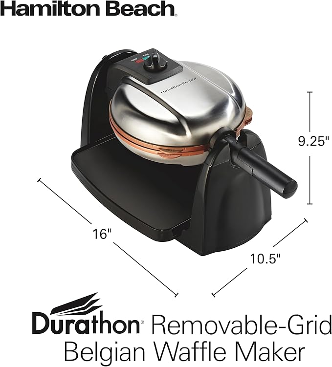 Hamilton Beach Belgian Waffle Maker with Removable PFAS-Free Durathon Nonstick Coated Plates, Easy Flip, Ceramic Grids, Black (26031)