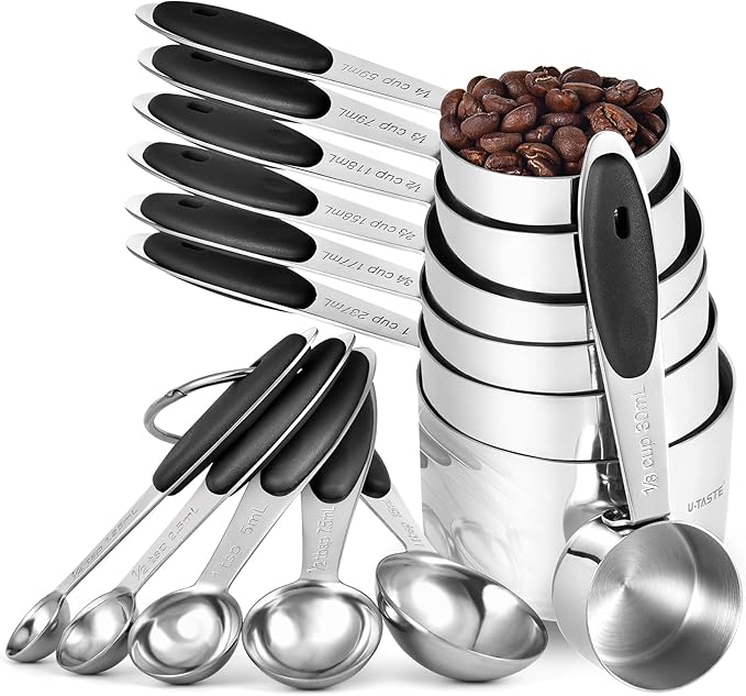 Measuring Cups and Spoons Set: U-Taste 18/8 Stainless Steel 12 Pieces Metal Stacking Kitchen Baking Cooking Food Measure Set 7 Cups 5 Spoons with Strengthened Weld Joints (Black, Upgraded Version)