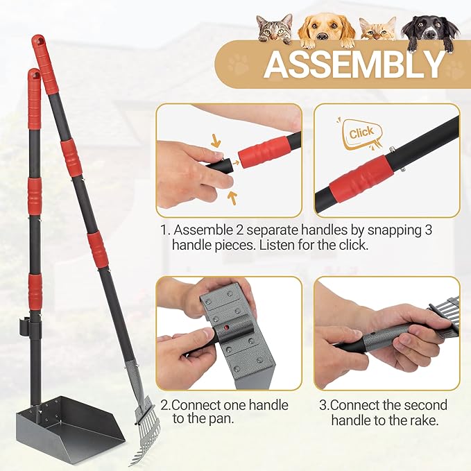 Heeyoo Dog Pooper Scooper, Dog Poop Tray and Rake Set, Pet Waste Removal Scoop with Long Adjustable Sectional Stainless Handles, 2 Pieces