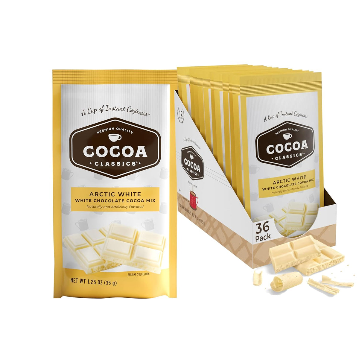 Cocoa Classics Arctic White Cocoa Mix, Hot Chocolate, Made with Nonfat Milk, Just Add Hot Water, Make Hot or Iced Cocoa, Gluten Free, 1.25oz Packets (Pack of 36)