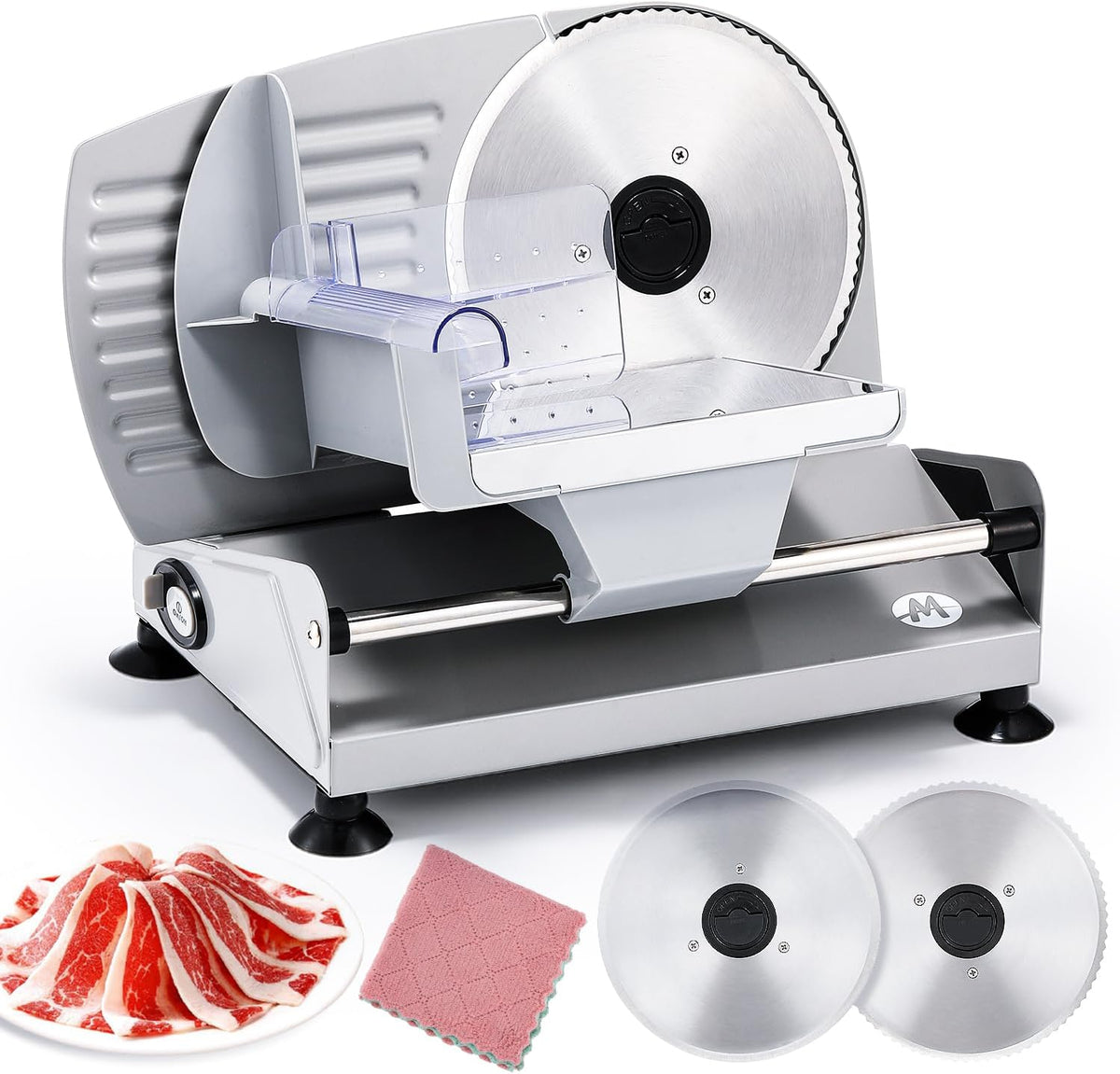 Moongiantgo Meat Slicer 200W With 2 Removable 7.5’’ Stainless Steel Blades, Deli Food Slicer 0-15MM Thickness Adjustable, Child Lock Protection, Meat Fruit Cheese Bread Slicer Machine, 110V