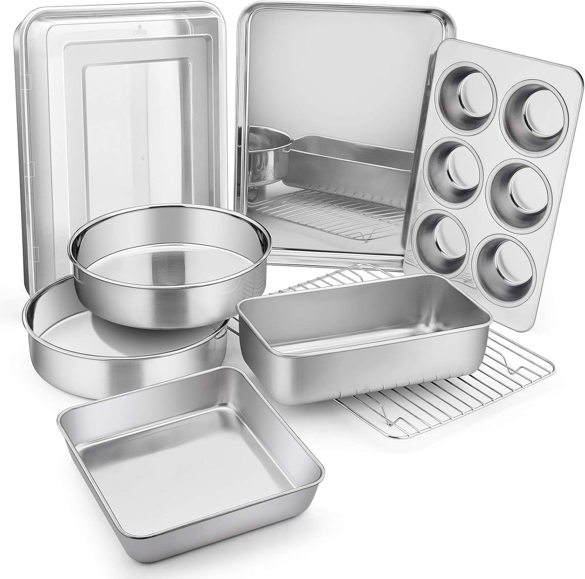 E-far Stainless Steel Baking Pan Set, 9-Piece Bakeware Sets for Cake Cookie Loaf Muffin, Include Round, Square, Rectangle Baking Sheet Pan with Lid & Cooling Rack, Dishwasher Safe
