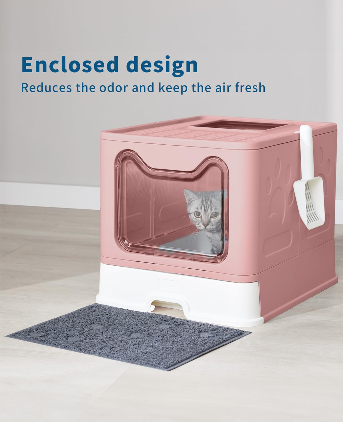 Medario Cat Litter Box with Litter Mat and Scoop(Pink)