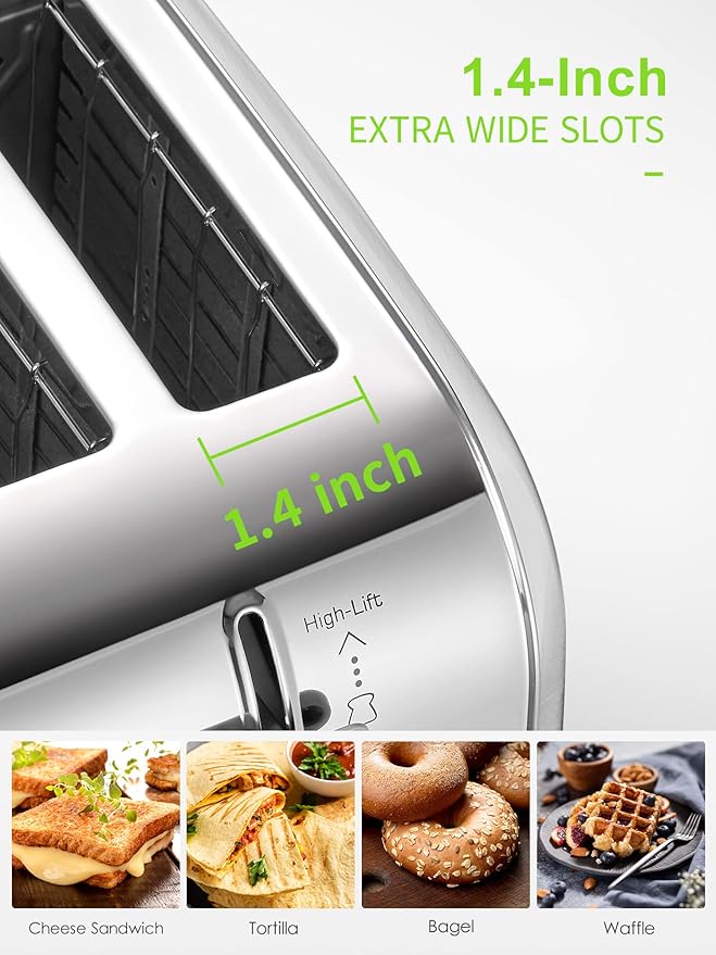 Toaster 4 Slice, Extra Wide Slots, Stainless Steel with High Lift Lever, Bagel and Muffin Function, Removal Crumb Tray, 7-Shade Settings with Warming Rack, Silver, Yabano