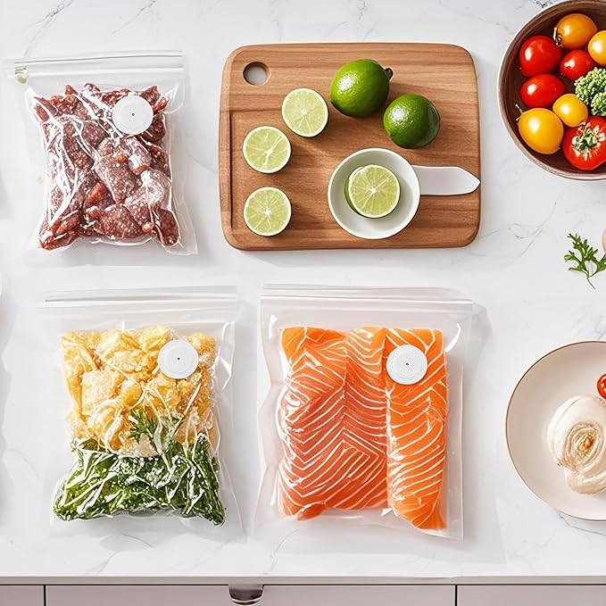 MEGAWISE Vacuum Zipper Bags 20Pcs (8.5 * 8.5in), BPA Free, Reusable Food Storage Bags with Air Valve for Sous Vide Cooking/Freezer/Microwave Heating, with 5 Seal Clips.