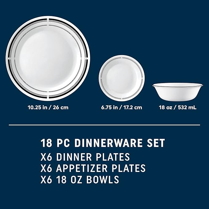 Corelle 18-Piece Round Dinnerware Set Service for 6, Lightweight Round Plates and Bowls Set, Vitrelle Triple Layer Glass, Chip and Scratch Resistant, Microwave and Dishwasher Safe, Brasserie