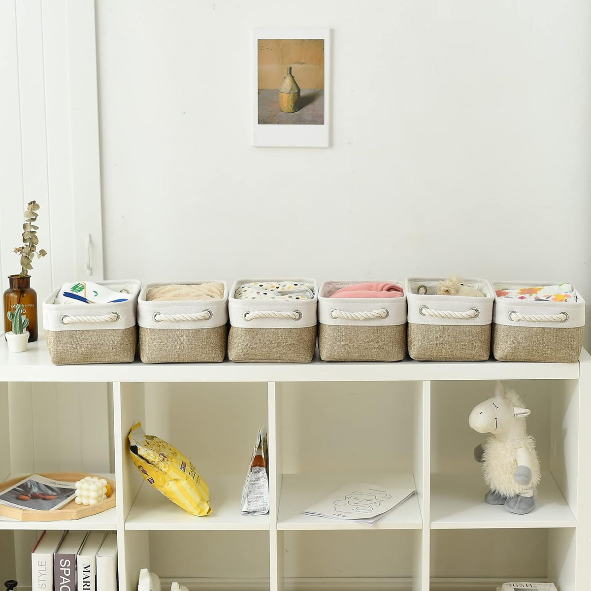 TcaFmac Storage Bins for Shelves - Small 6 Pack Collapsible Storage Basket for Organizing, Fabric Storage Cubes with Handle for Closet Cloth Toy Gift Kids (White & Khaki 11.8x7.8x5.2 inch)