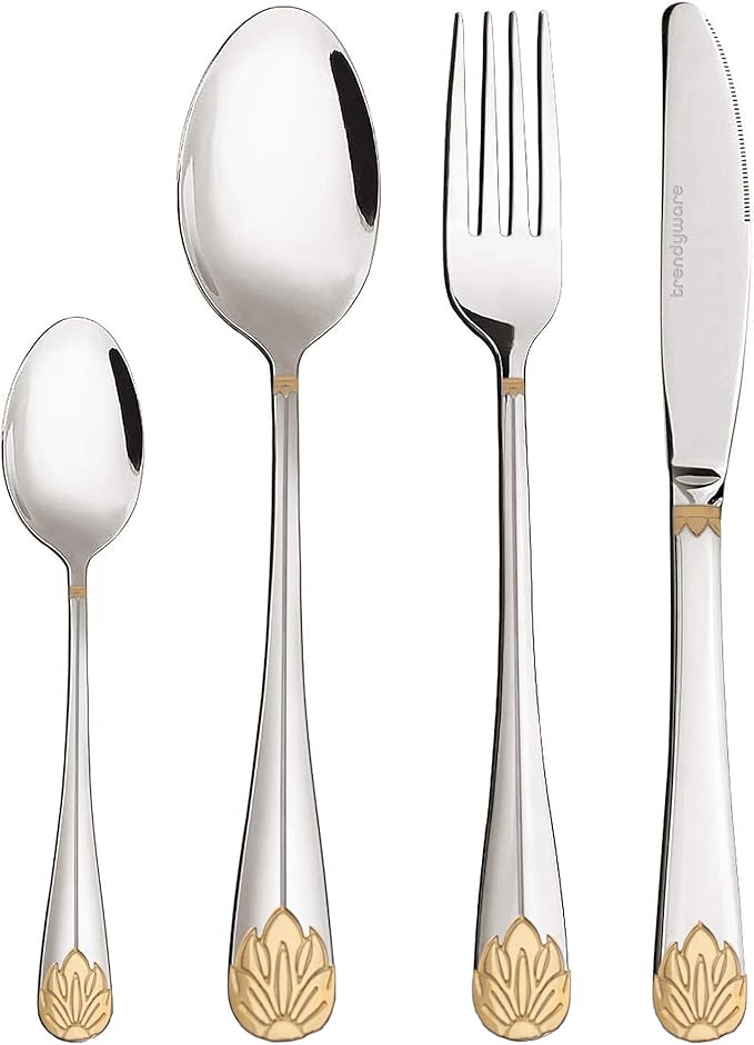 Silverware Set Limited Edition – 24 Piece Dinnerware Set – Flatware Set for 6 – Silver Tableware Set w/Gold Accents – Great for Family Gatherings & Daily Use – Spoons, Knives, Teaspoons, Forks