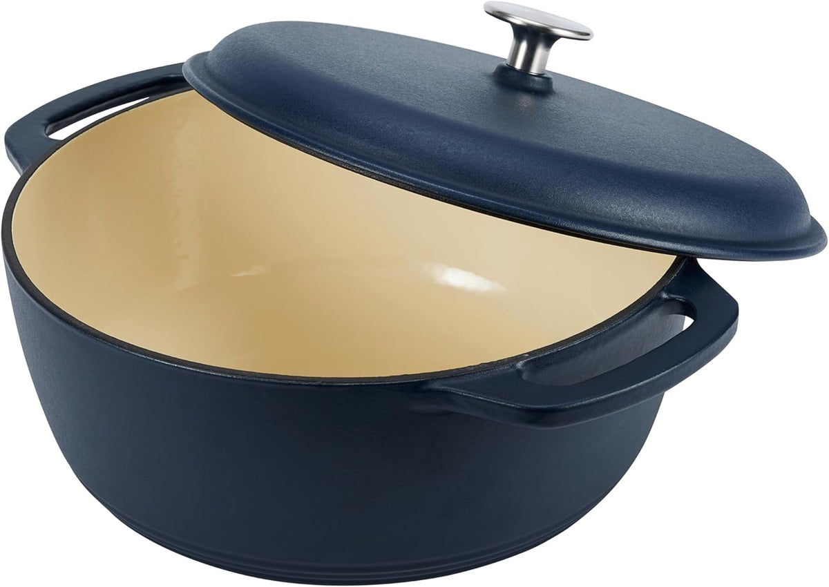 Amazon Basics Cast Iron Dutch Oven Pot with Lid, Enameled, Round, Dual Handles, Heavy-Duty, Medium, 6-Quart, Matte Navy