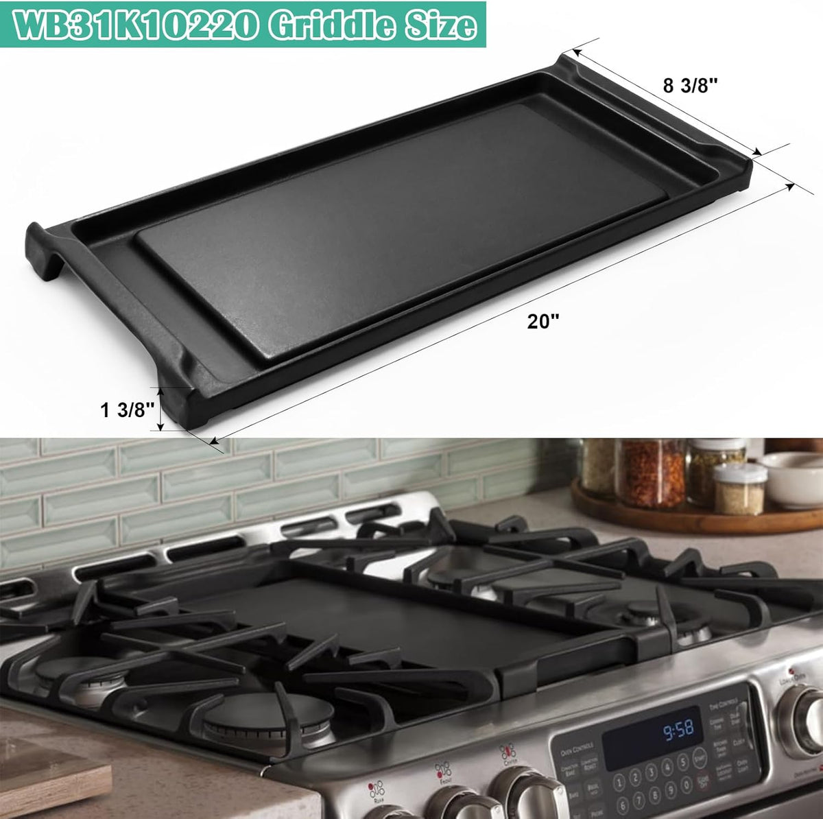 Hiorucet WB31K10220 Cast Iron Griddle Replacement for GE Gas Stove Top and Gas Range, General Electric C2S980SEM1SS, C2S980SEM2SS, C2S985SET9SS Griddle Plate, 20 Inch Range Center Flat Cooktop for GE.