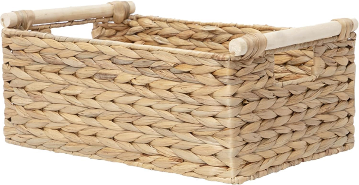 Handmade Water Hyacinth Woven Storage Baskets with Wooden Handles, Rectangle Rustic Organizer Set for Home Decor, Kitchen, Bedroom & Office (Small)