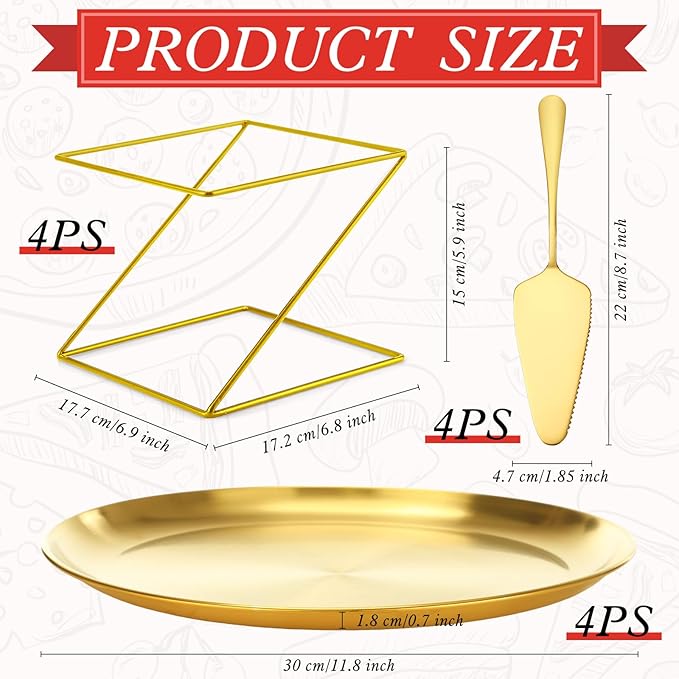 12 Pcs Pizza Stand Set: 4 Metal Stands, 4 Pizza Pans, 4 Spatulas for Weddings, Party(Gold,Square)