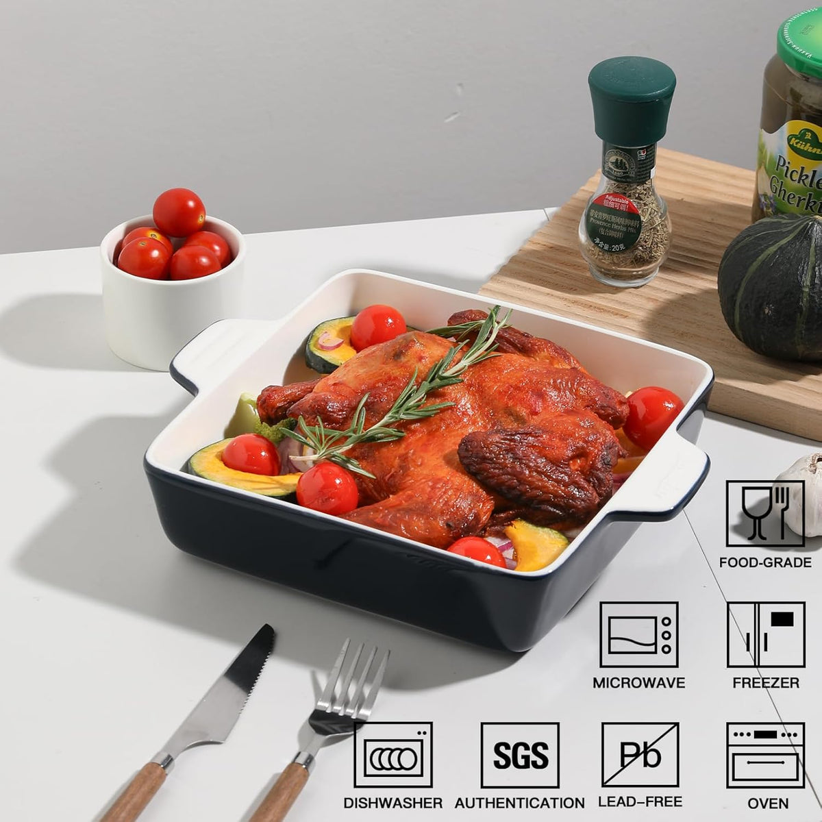 Sweejar Ceramic Baking Dish, 9 x 9 Cake Baking Pan for Brownie, Porcelain Square Bakeware with Double Handle for Casserole, Lasagna, Family Dinner (Navy)