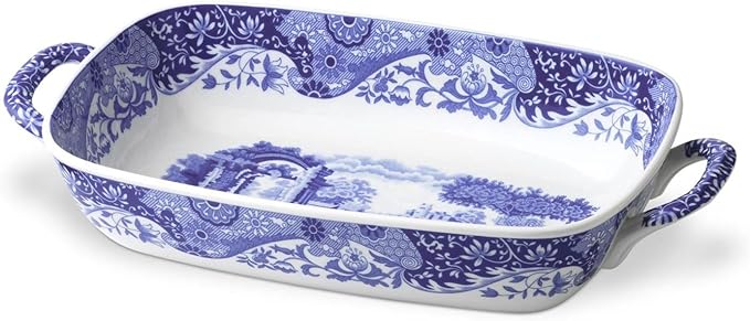 Spode Blue Italian Handled Serving Tray, Large Oven to Table Bakeware, Porcelain Lasagna Pan, Casserole Dish, Dishwasher and Oven Safe