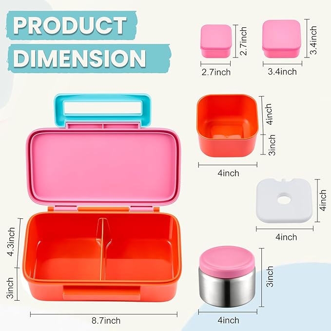 PIQUEBAR Kids Lunch Bento Box with 8oz Thermo Ice Pack Food Container with Insulated Lunch Bag, Insulated Water Bottle with Straw for Girls Boys, (A-Pink)