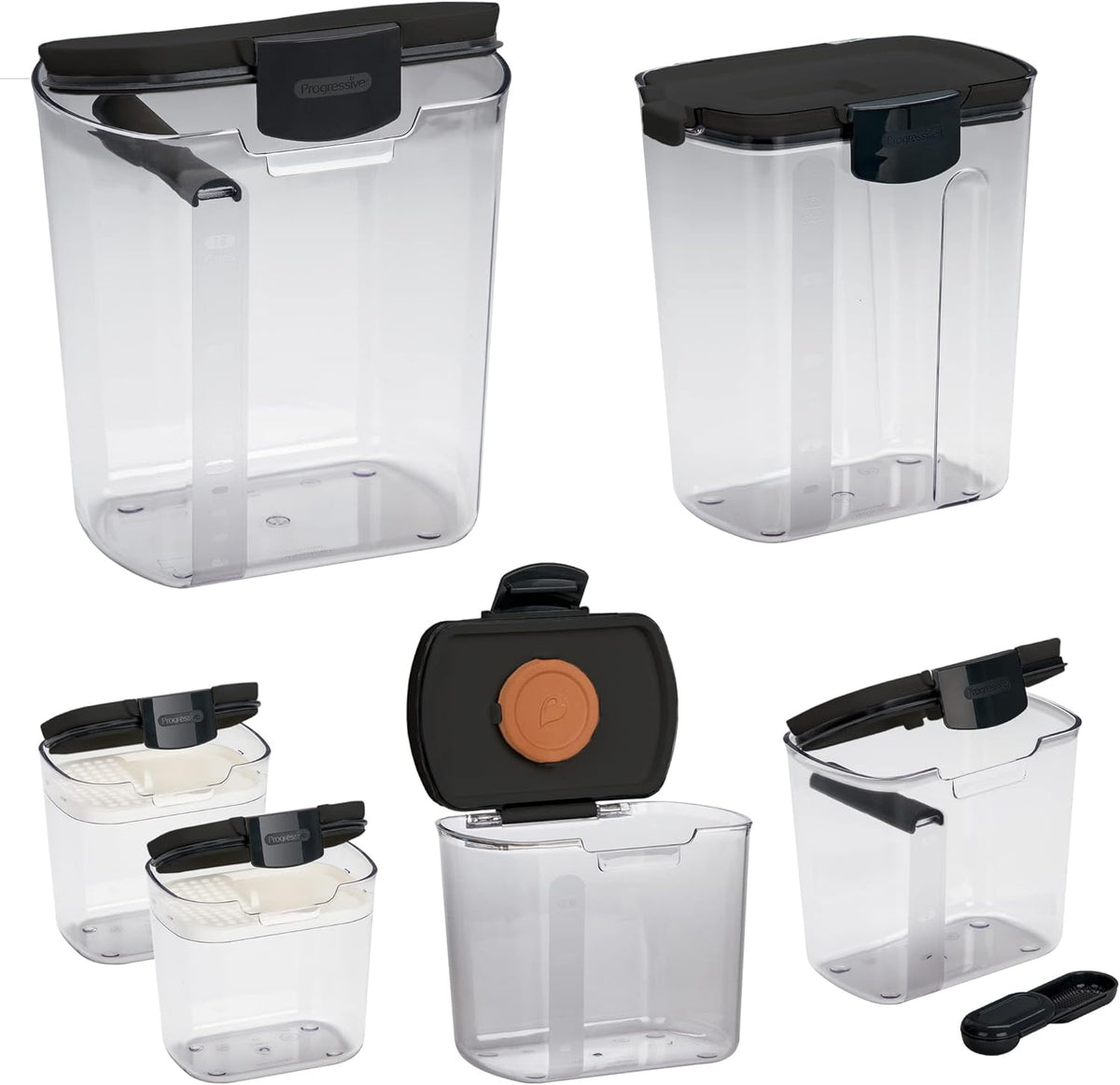 Progressive ProKeeper Baker's Airtight Kitchen Storage Canister Container Set for Flour, Sugar & More, Keeps Ingredients Fresh, with Accessories (Black, 6- Piece)