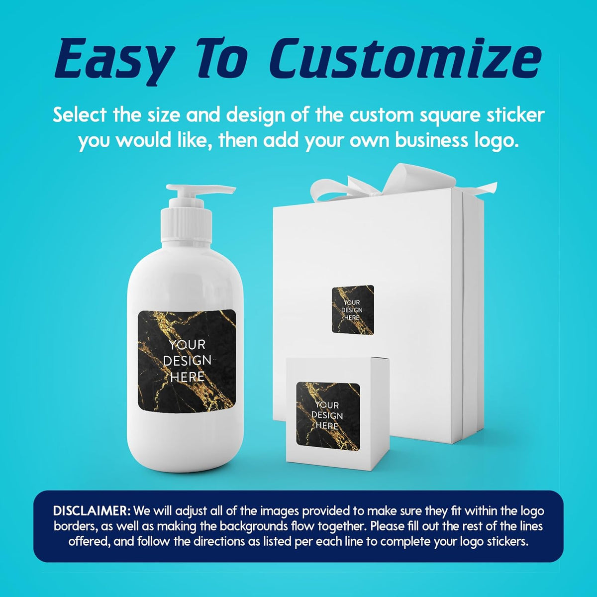100 Custom Vinyl Stickers - Upload Your own Image, Text, Design, Logo - Personalized Logo Labels for Handmade, Packaging, Bottle, Jars, Candle, Brand Stickers (Black Gold Marble, 1.5x1.5 Square)