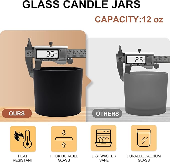 12 OZ Thick Candle Jars for Making Candles 12 Pcs, Empty Jars with Wood Lids for Spice Jars, Sample Container, Matte Black