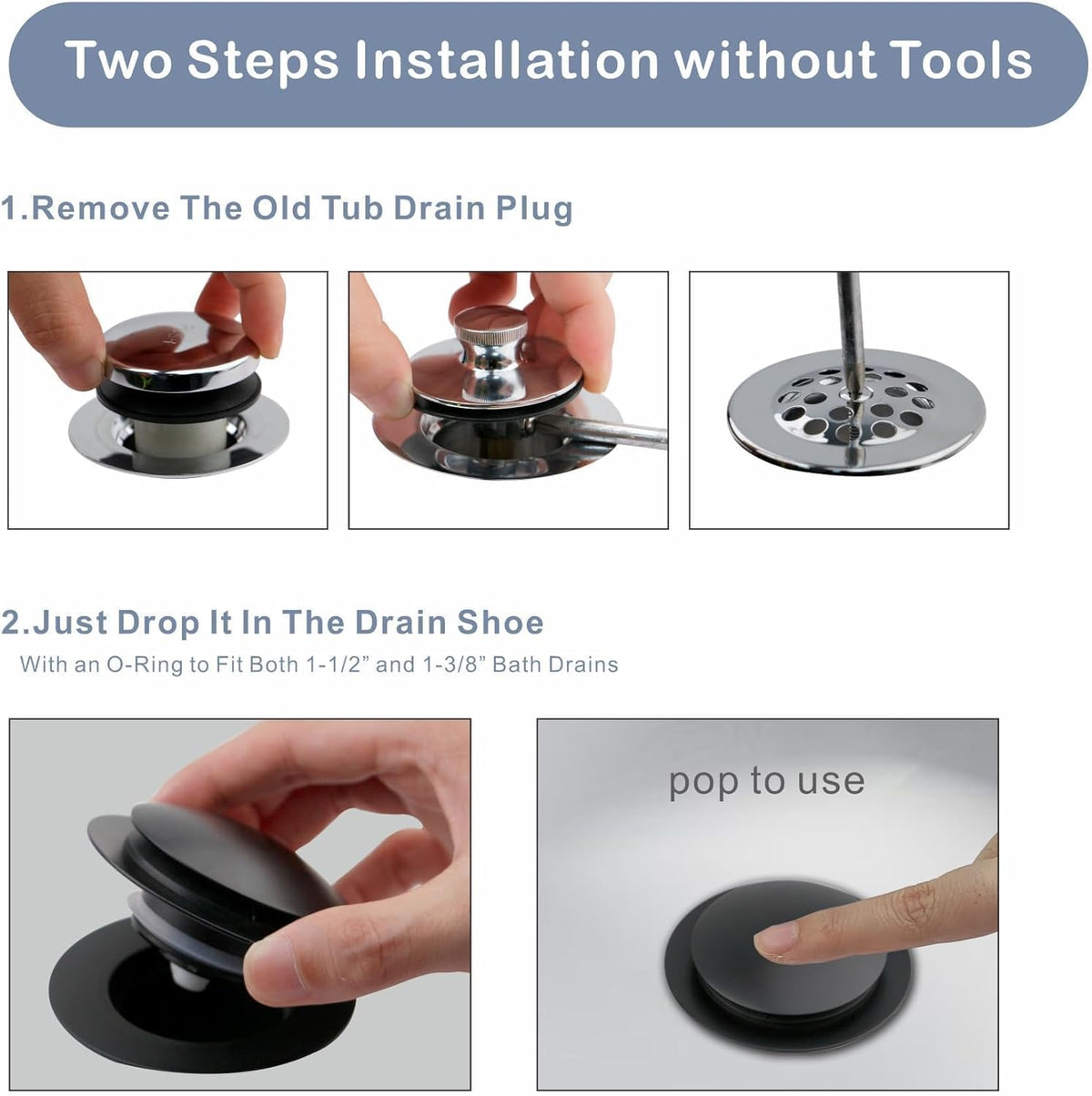 Matte Black Tub Drain Stopper, Hidrop Pop Up Universal Tub Dain Tip Toe Bathtub Drain Stopper, Fit 1.375 to 1.5 Inches, Replaces Lift and Turn, Tip-Toe and Trip Lever Drains for Tub, EZ Installation