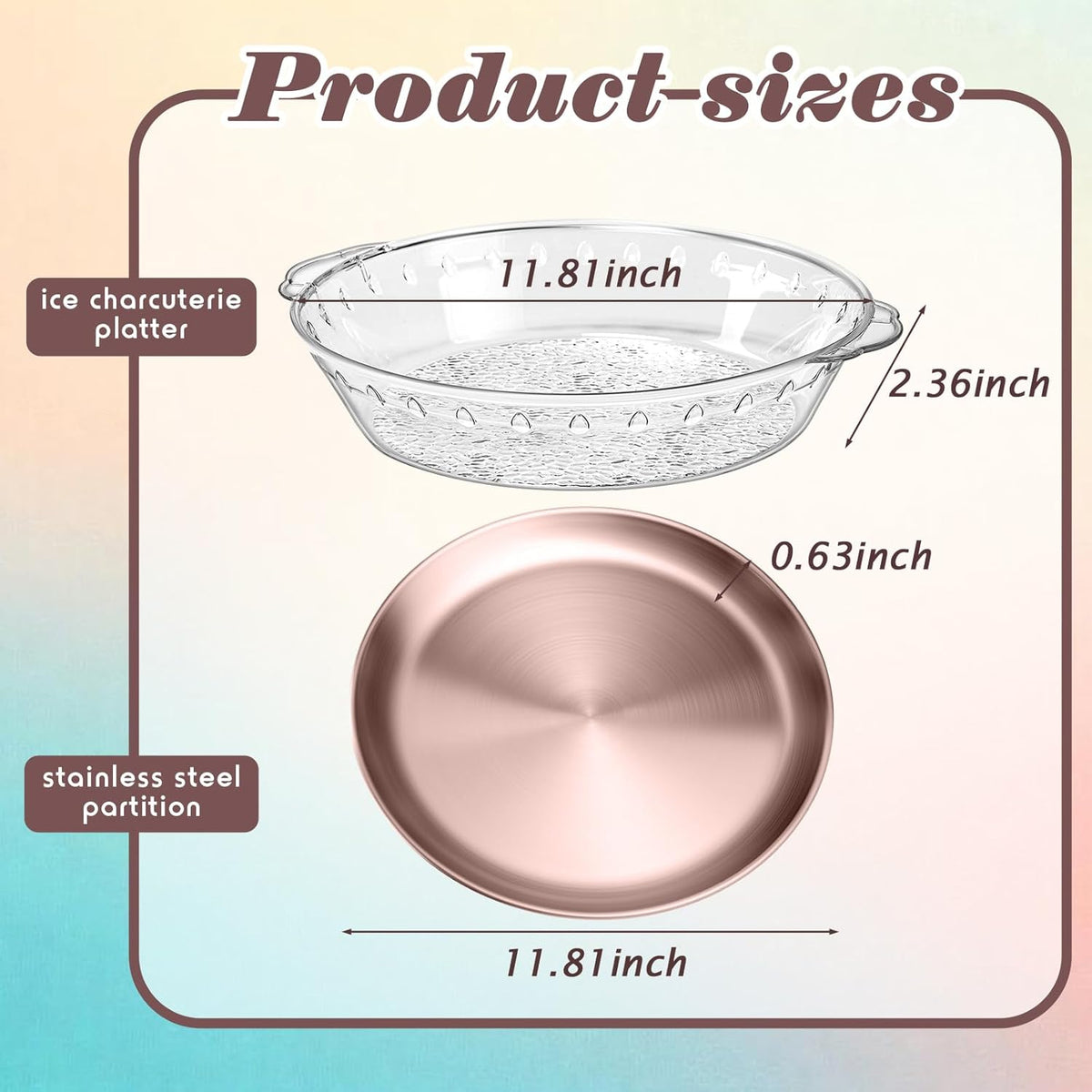 Baderke 3 Set 11.8" Chilled Serving Tray for Parties with Compartments Ice Chilled Party Platter Charcuterie Serving Board Cold Dish Dip for Fruit Seafood Vegetable Shrimp Cocktail (Rose Gold)