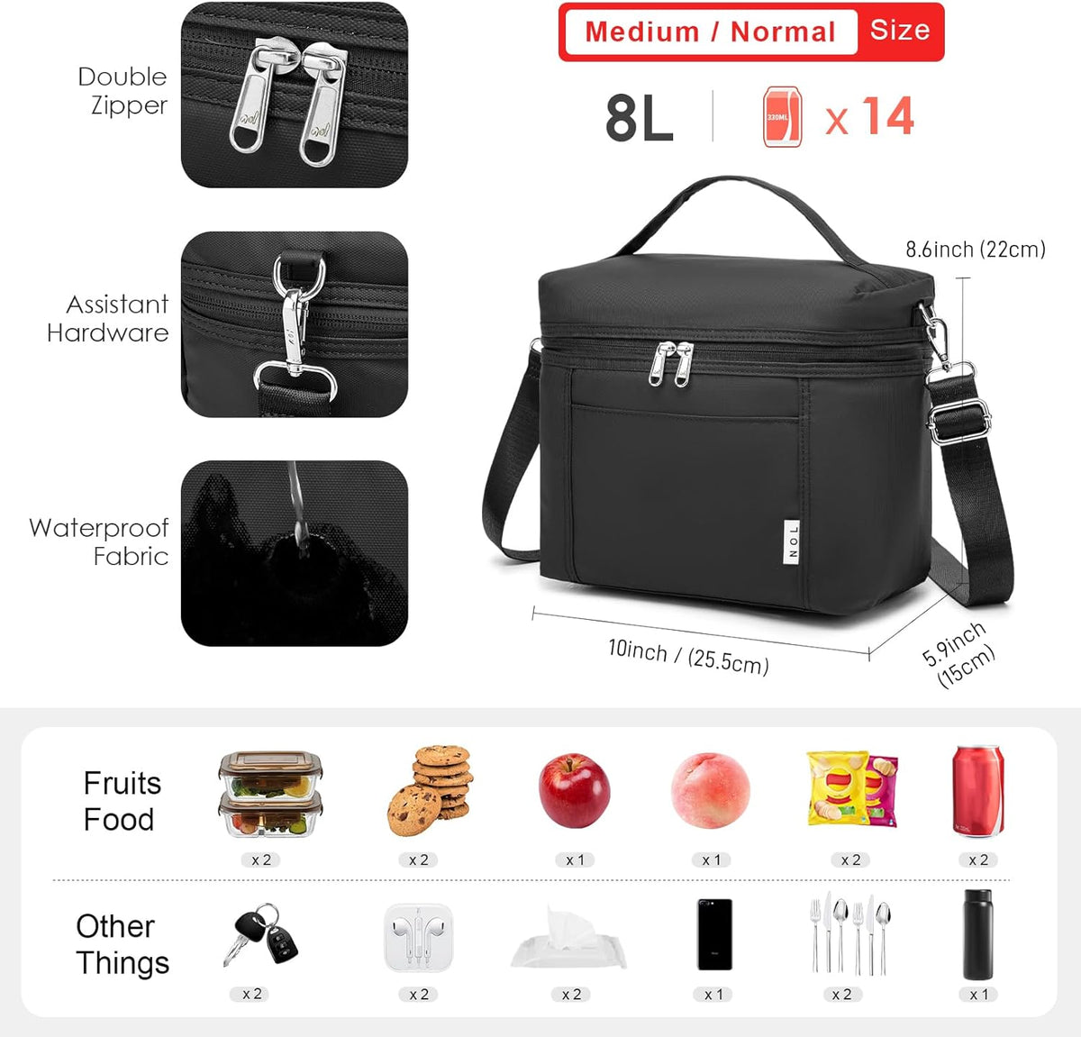 NOL Natural Organic Lifestyle Reusable Lunch Bags for Adults Lightweight Waterproof Lunch Box with Removable Adjustable Strap Insulated Leakproof Cooler Lunch Bag for Work Black Medium Size