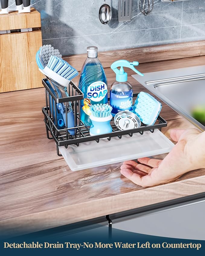 Consumest Sink Caddy, Kitchen Sponge Holder with Dish Brush Holder, Kitchen Sink Organizer with Drip Tray for Countertop Stainless Steel Rustproof, Black-Large