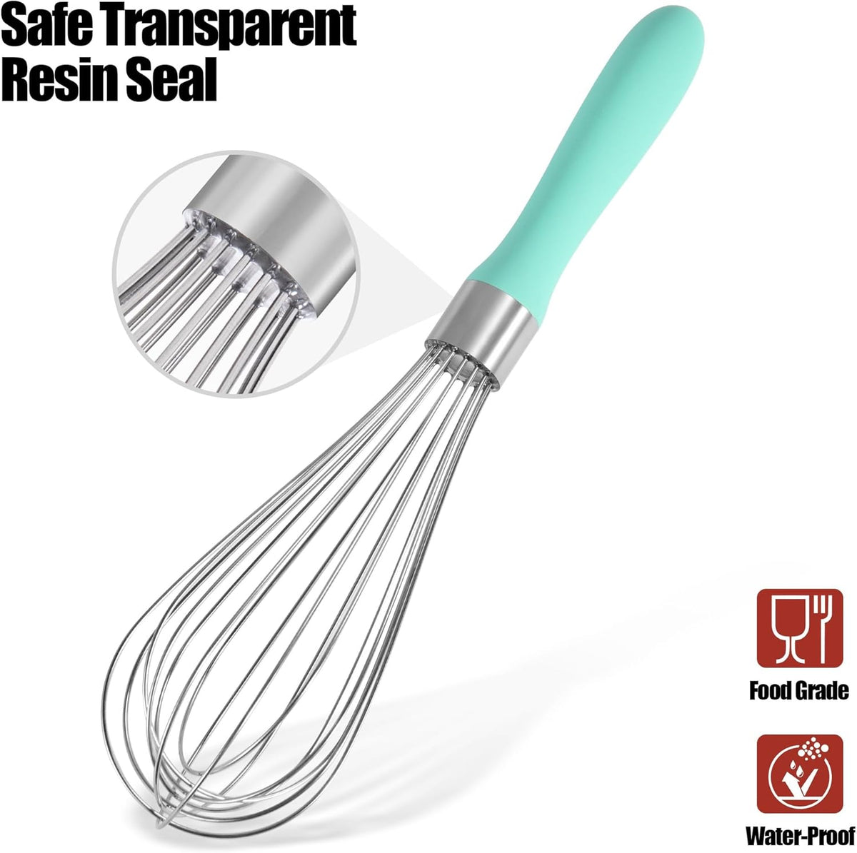 18/8 Stainless Steel Balloon Whisk, Doosu Kitchen Whisk for Cooking Handheld Egg Beater with Rust-Proof Sturdy Wires & Non-Slip Silicone Handle for Beating, Stirring, Blending (8 Wires, Aqua Sky)
