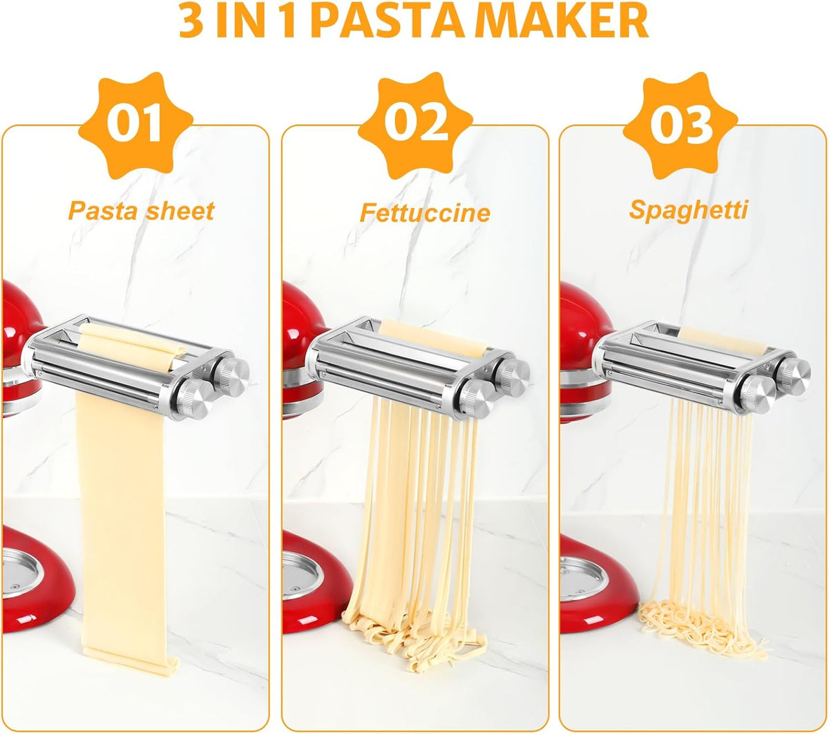 Pasta Roller Noodle Cutters Attachment for KitchenAid Mixers, Pasta Maker Attachment Set Included Dough Sheet Roller, Spaghetti and Fettuccine Cutters Maker Accessories