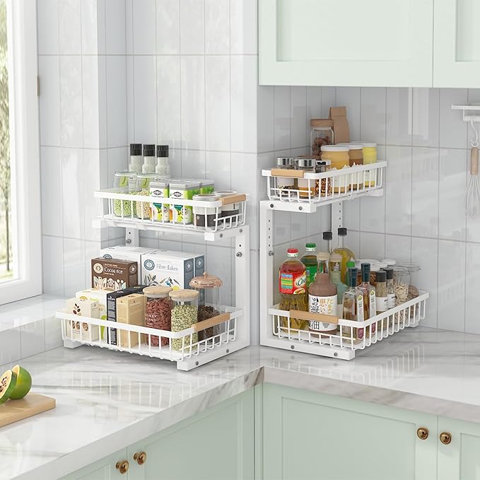 ADRIMER Under Sink Organizer 2 Packs, Pull Out Kitchen Sink Organizer, 2 Tier Slide Out Kitchen Organizers and Storage Bathroom Under Cabinet Storage Shelf, White