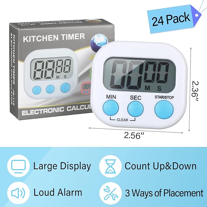 Weewooday 24 Pcs Digital Kitchen Timer Magnetic Timer Bulk On/Off Switch Minute Second Count up Countdown Loud Alarm for Exercise Cook Baking (Black,White)