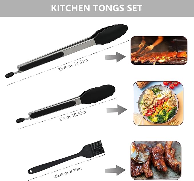 Kitchen Tongs, 2pcs Barbecue Tongs 10 inch & 12 inch with Silicone Tips, 1pc Brush Stainless Steel Cooking Tongs with Heat Resistant Handle for BBQ Serving, Grilling, Buffet, Dishwasher Safe (Black)