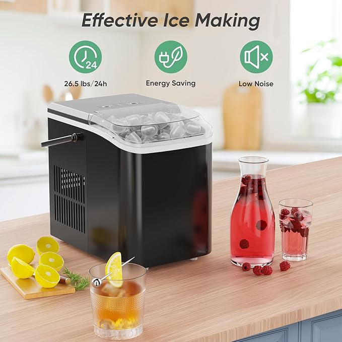DUMOS Countertop Ice Maker with Handle, 26lbs/24H Portable Ice Machine, 9 Bullet Cubes Ready in 6 Mins, Self-Cleaning, Quiet Compact for Home, Kitchen, RV, Camping, Bright Black