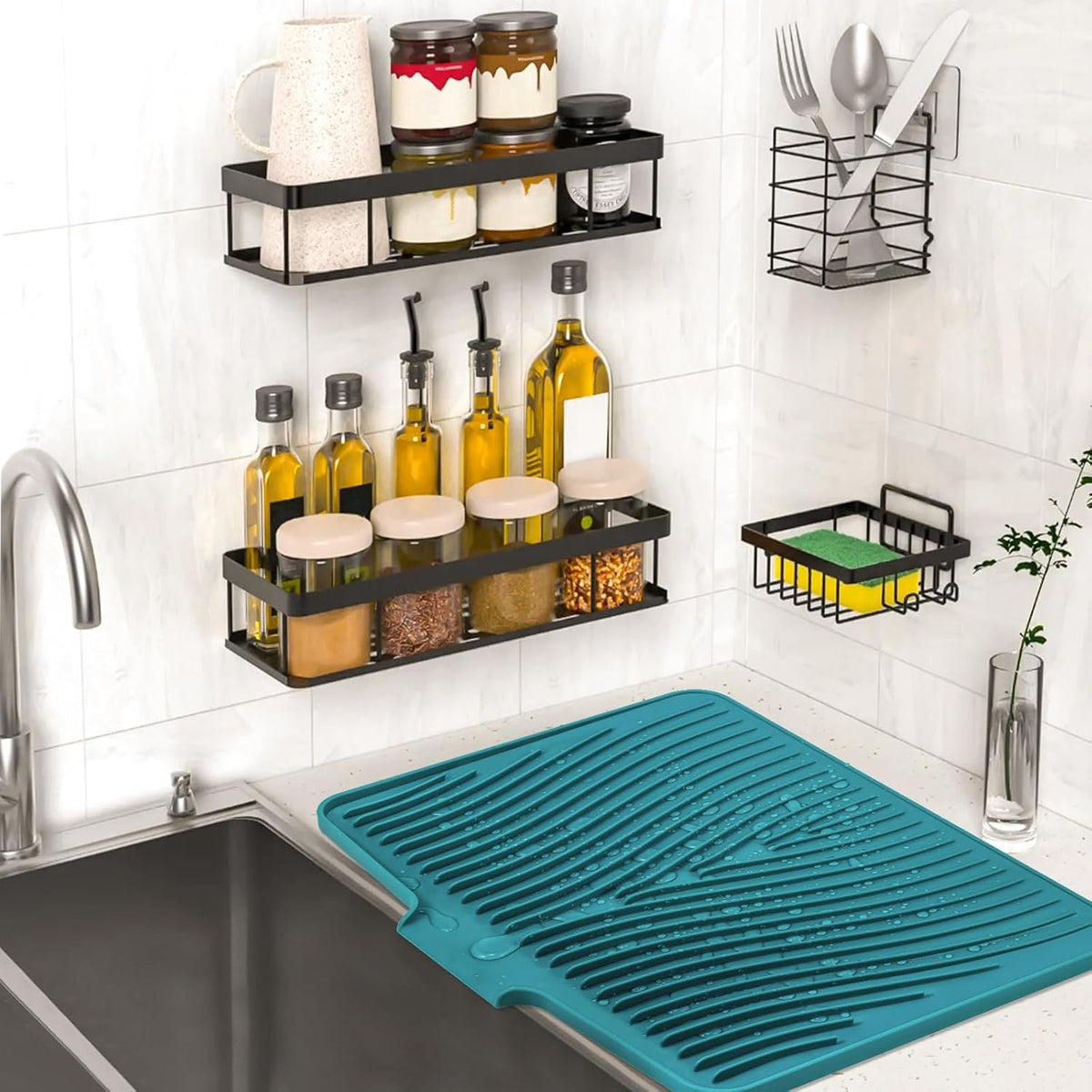 Silicone Dish Drying Mat, Stone Drying Mat for Kitchen Counter with Built-In Drain, Non-Slip Drain Pad with Built-in Drain, Heat Resistant Stone Drying Mat, 1Pcs 19.7" x 17", Green