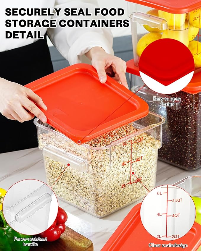 2QT4QT NSF Food Storage Containers: 6PCS [Food Grade][Hot&Cold Resistant] Commercial Clear Food Storage Containers with Lids for Restaurant Kitchen Proof Dough, Measuring Spoons Included(Red)