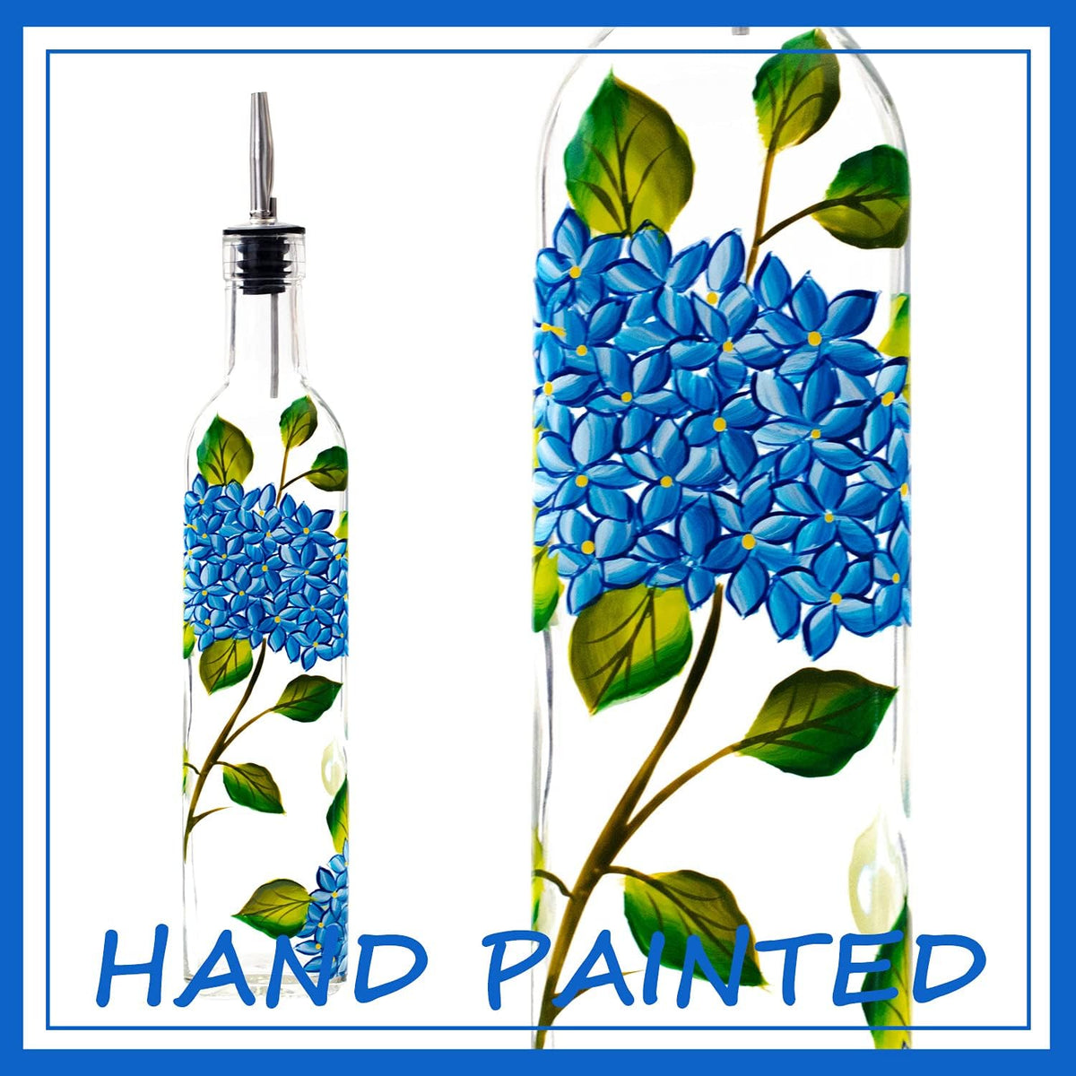 17oz Hand Painted Glass Olive Oil Bottle Dispenser - 500ml Green Oil & Vinegar Cruet with Pourers - Olive Oil Carafe Decanter for Kitchen (hydrangea)