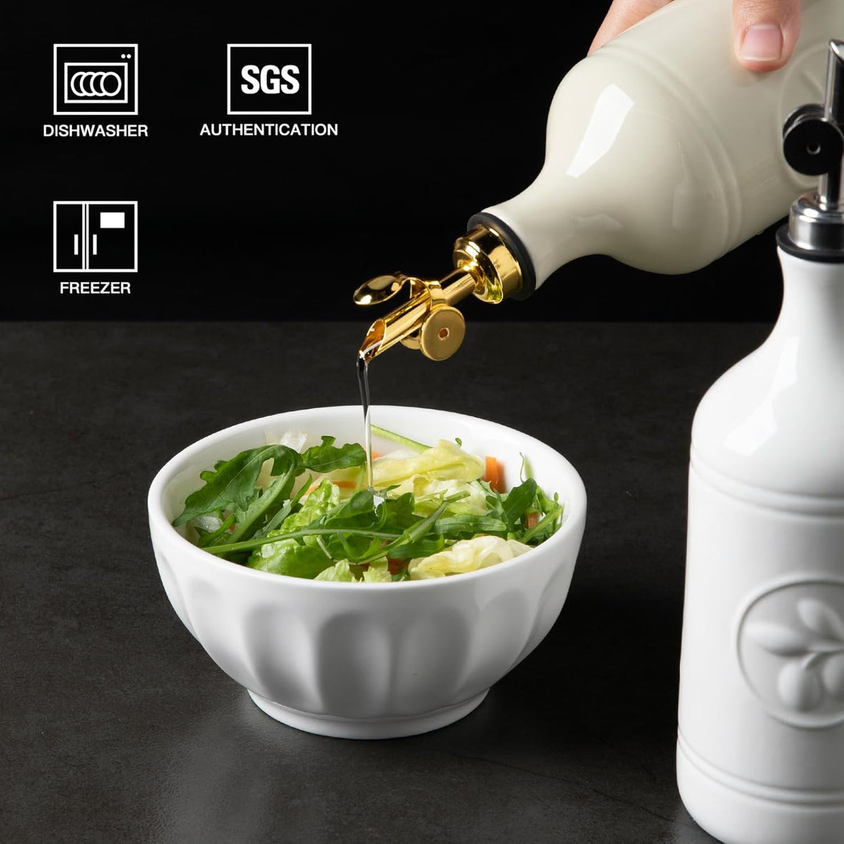 Sweejar 16 Oz Ceramic Olive Oil Dispenser Bottle, Oil Dispenser for Kitchen with Gravity Spout, Relief Opaque Oil Container for Evoo, Avocado Oil, Vinegar, Soy Sauce, 1 Pack(Beige, Silver Spout)