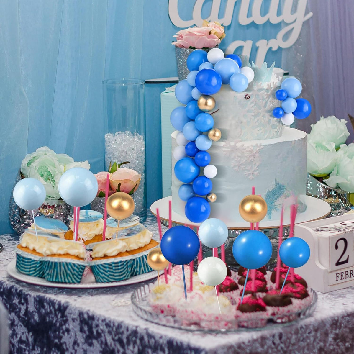 108 Pcs Balls Cake Topper DIY Cupcake Insert Foam Balloons for Cake Baking Wedding Anniversary Birthday Decoration(Assorted Blue, White, Gold,Multi Sizes)