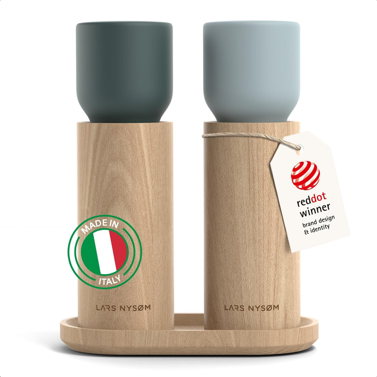 LARS NYSØM Wooden Salt and Pepper Grinder Set Manual with Tray - Salt and Pepper Mills with Adjustable Ceramic Grinder - Elegant Beechwood Pepper and Salt Mill Set for Dining Table (Blue)