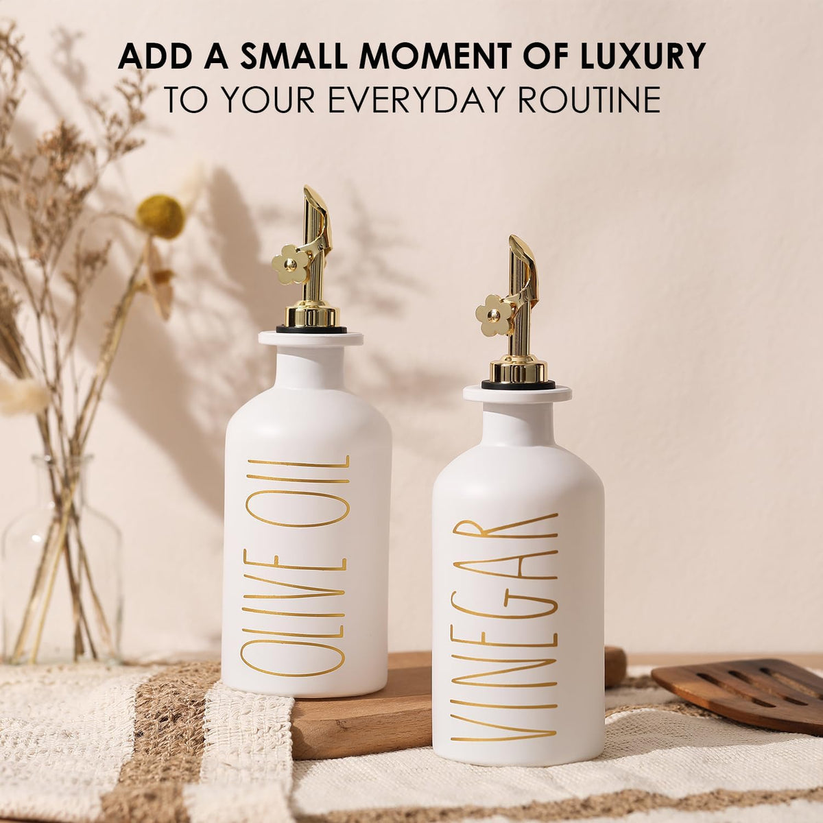 HOMCDALY Premium Olive Oil Dispenser for Kitchen, 11.8oz Glass Oil Bottles with Bamboo Tray, White and Gold Oil&Vinegar Cruet Set, Kitchen Dispenser Bottles with Pourer| Set of 2 (11.8oz –P–Gold)
