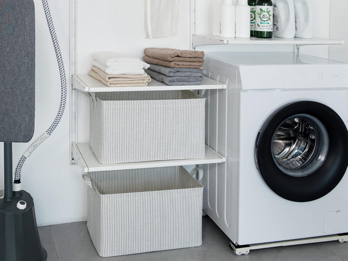 StorageWorks 45L Large Storage Bins for Closet and Shelves, Fabric Organizer Baskets with Metal Frame for Clothes, Towels, Collapsible Storage Basket, Gray and White Stripes, 2-Pack