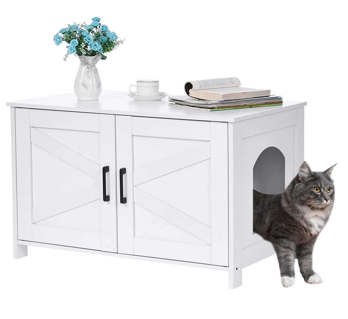Homhedy 31.5" L Cat Litter Box Enclosure with Barn Door, White