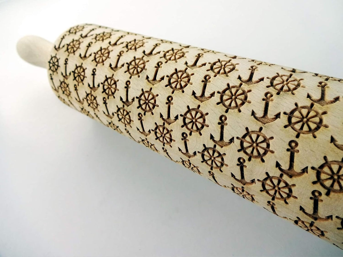 EMBOSSING ROLLING PIN MARINE LASER ENGRAVED WOODEN DOUGH ROLLER GIFT FOR FRIEND SAILOR