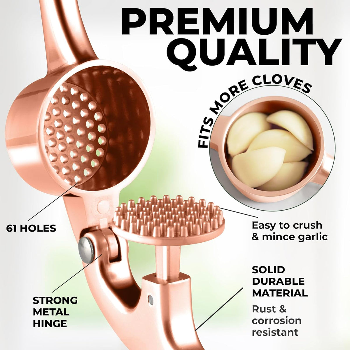 Zulay Kitchen Premium Garlic Press Set - Rust Proof & Dishwasher Safe Professional Garlic Mincer Tool - Easy-Squeeze, Easy-Clean with Soft Handle - Silicone Garlic Peeler & Brush (Rose Gold)