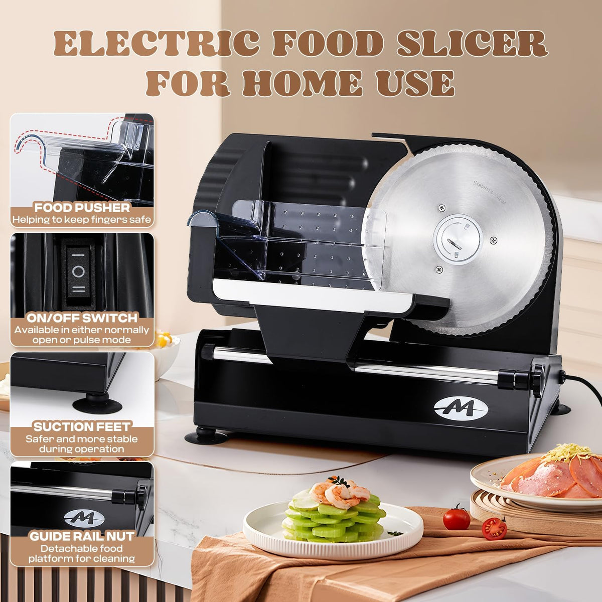 Moongiantgo Electric Meat Slicer 220W, 1-20mm Adjustable Thickness Deli Food Slicer with 2 Removable 7.3" Stainless Steel Blade, Removable Food Platform, Cheese Fruit Bread Slicer for Home,110V