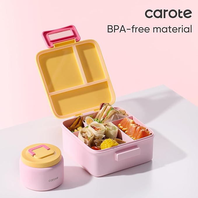 CAROTE Bento Box for Kids, Lunch Box Kids with 8oz Thermos for Hot Food, Lunch Container for Girls Boys, 3 or 5 Compartments with 2 Removable Dividers, BPA Free/Leak Proof/Dishwasher Safe